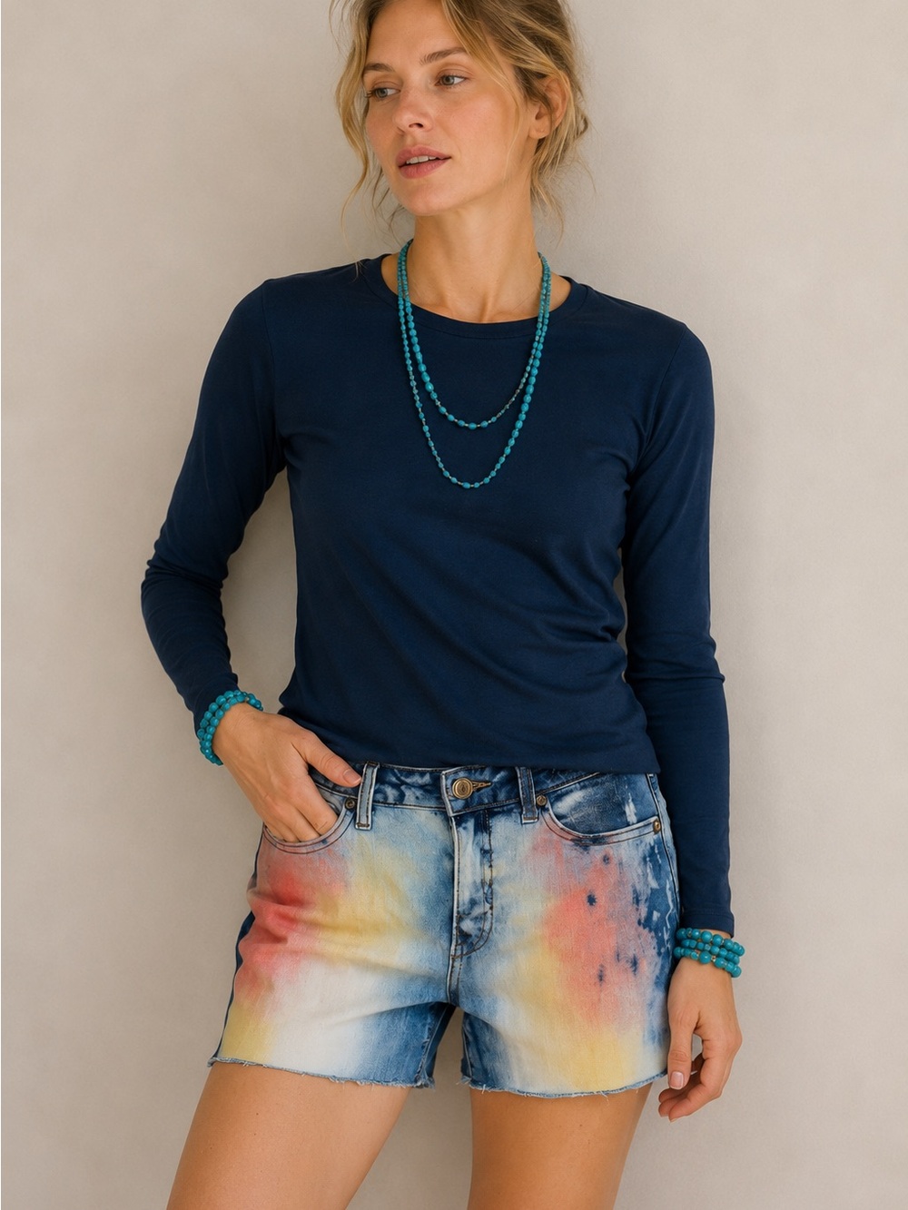 Redfox Denim Stretchy Multicolored Retro Tie-Dye Jean Shorts